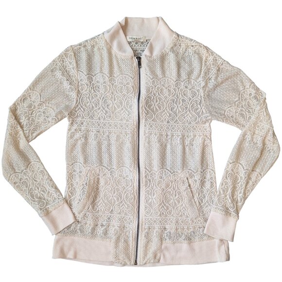 Living Doll Cream Lace Zippered Bomber Jacket Style Cardigan | M - Picture 2 of 6